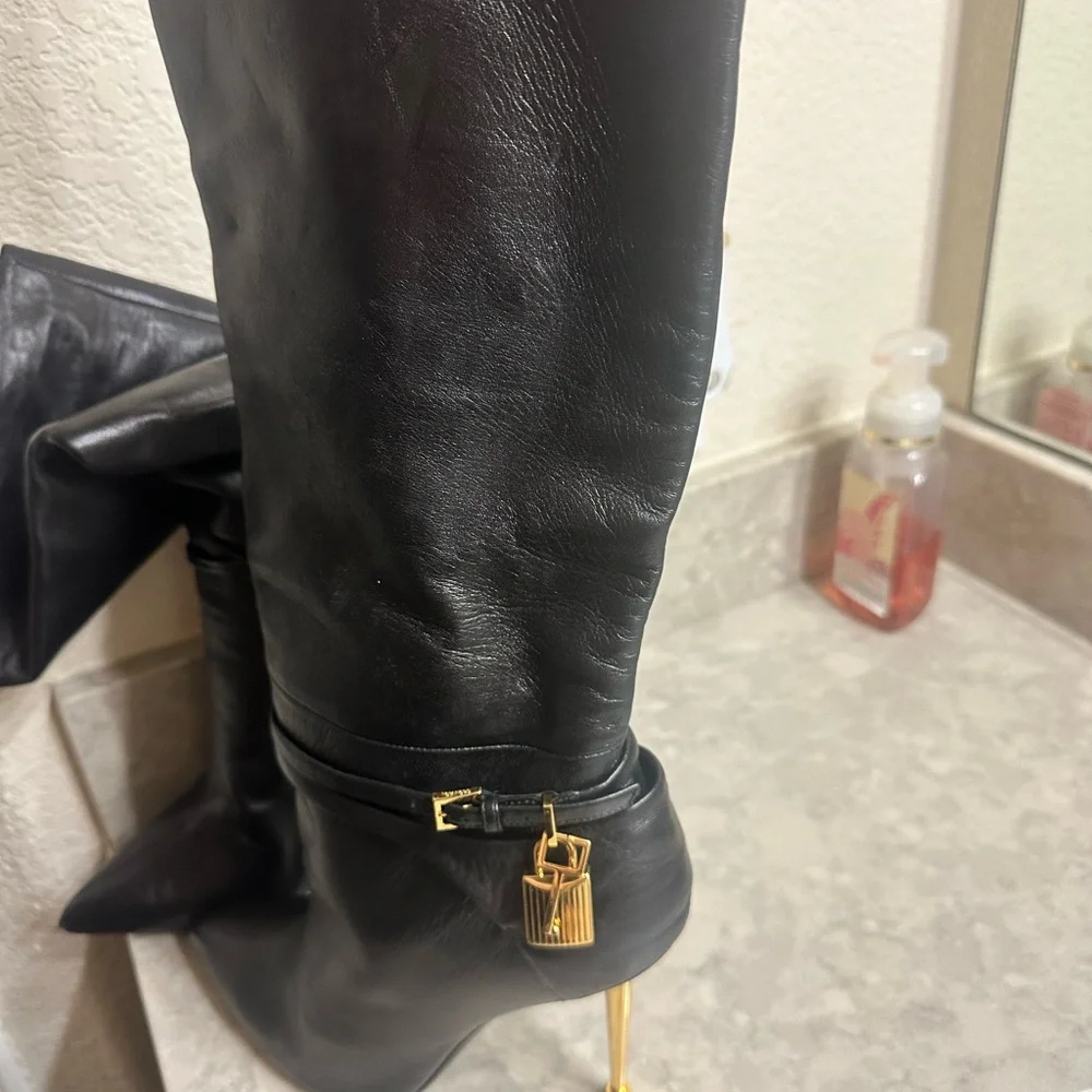 Padlock Pointed Toe Knee High Boot (Women) - Picture 4 of 12